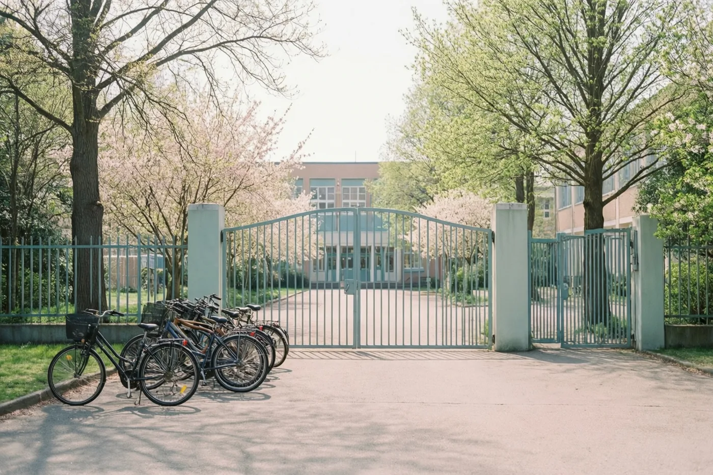 Voor een schoolpoort staan fietsen tussen bomen met frisgroene bladeren en bloesems in zacht, helder lentelicht.