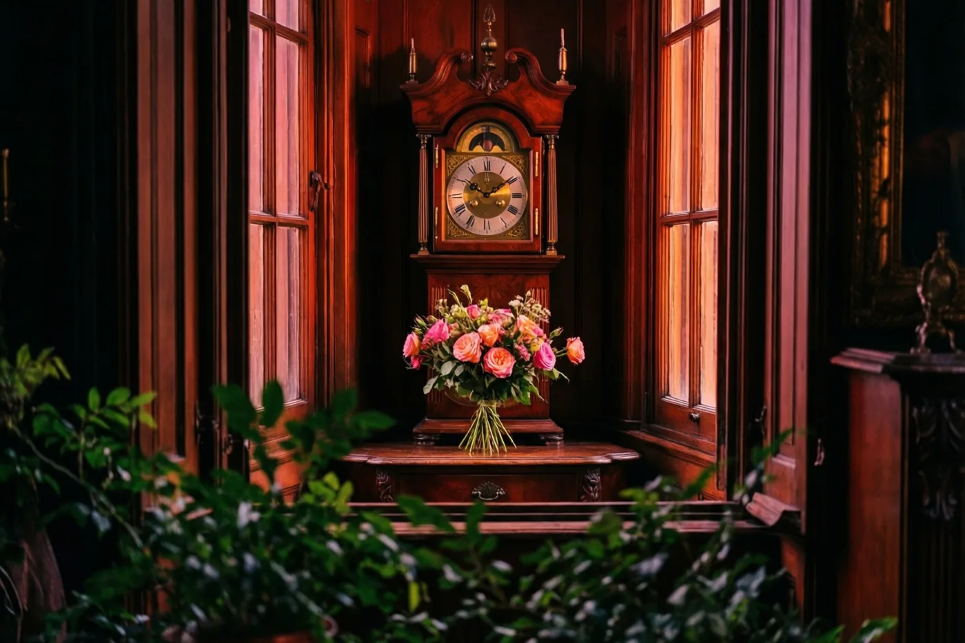 Een antieke houten schouwklok met een bloemstuk van roze en oranje rozen staat op een houten wandtafel in een kamer met houten wandpanelen en hoge ramen, in warm gouden licht.