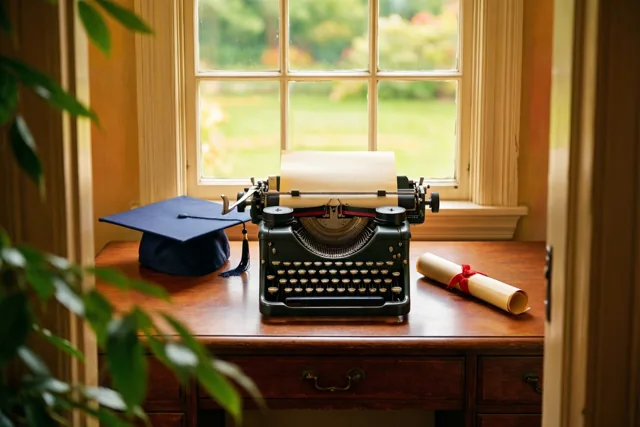 Geslaagd naast de oude schrijfmachine