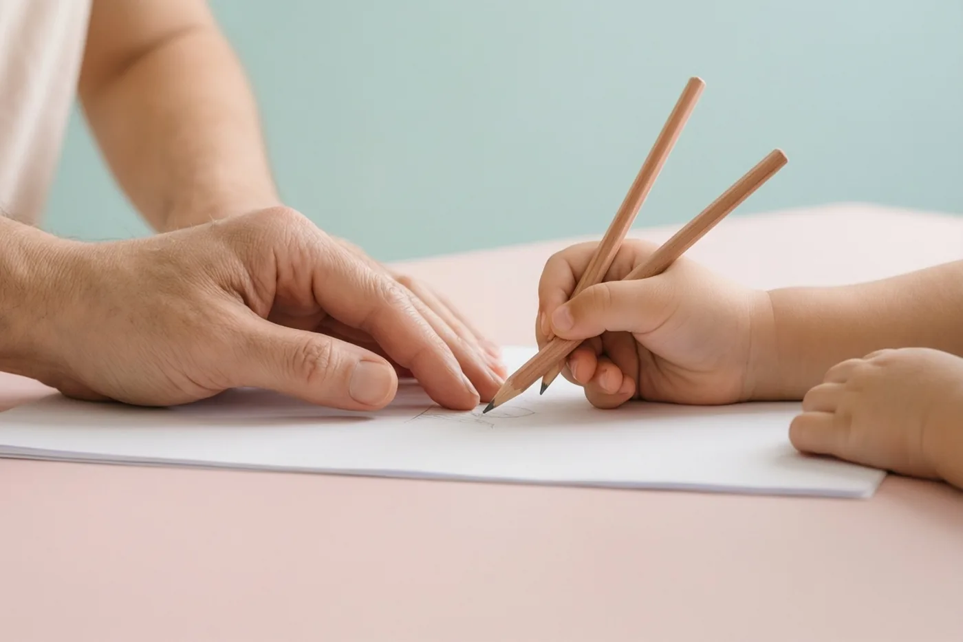 Een volwassen hand begeleidt een kinderhand met een potlood boven een wit blad op een roze oppervlak, tegen een lichtblauwe achtergrond.