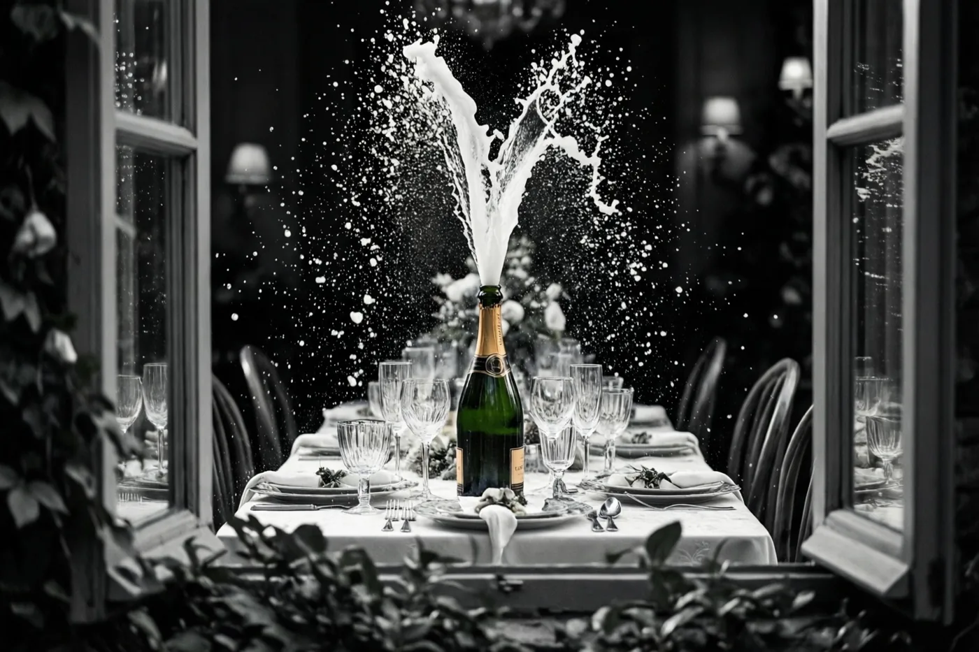 Door een open raam is in zwart-wit een champagnefles te zien waaruit een schuimfontein over een feestelijk gedekte eettafel spuit.