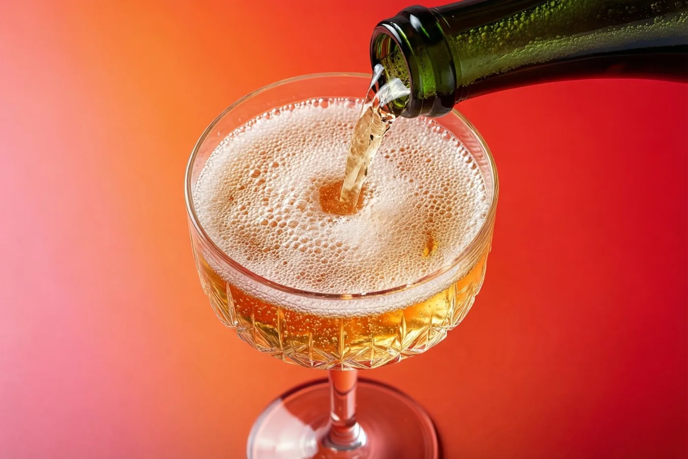 Een close-up toont goudkleurige champagne die uit een groene fles in een kristallen coupe wordt geschonken, met schuim tot aan de rand tegen een oranjerode achtergrond.