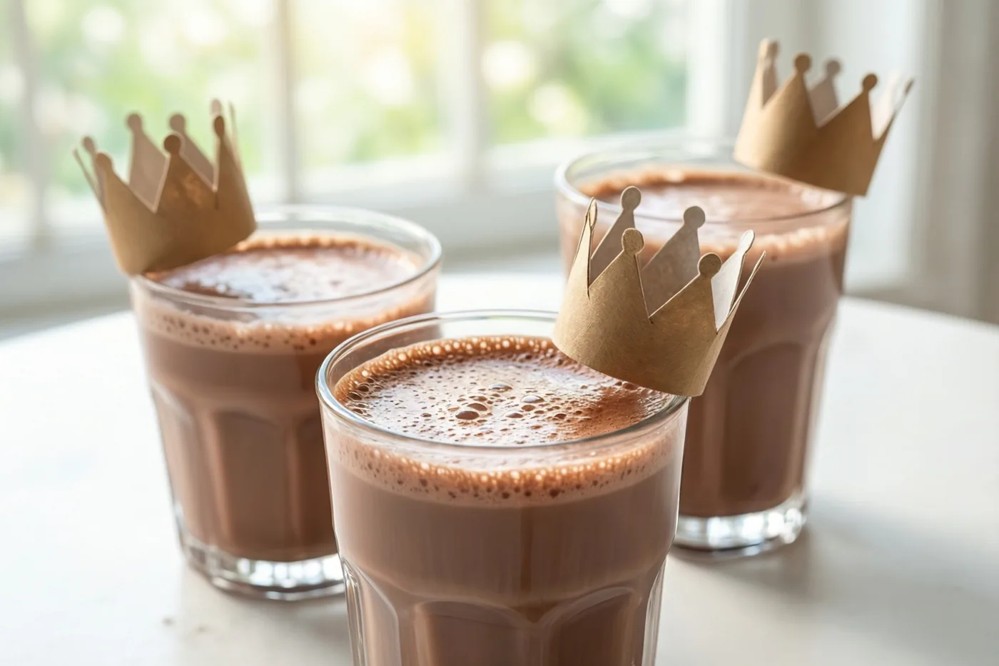Drie glazen schuimige warme chocolademelk staan op een wit oppervlak, elk met een papieren kroontje tegen de rand, in zacht daglicht van een raam op de achtergrond.