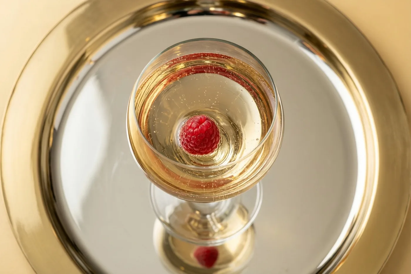 Van bovenaf is een glas schuimwijn met één drijvende framboos te zien op een rond spiegeldienblad met een gouden rand en warme lichtreflecties.