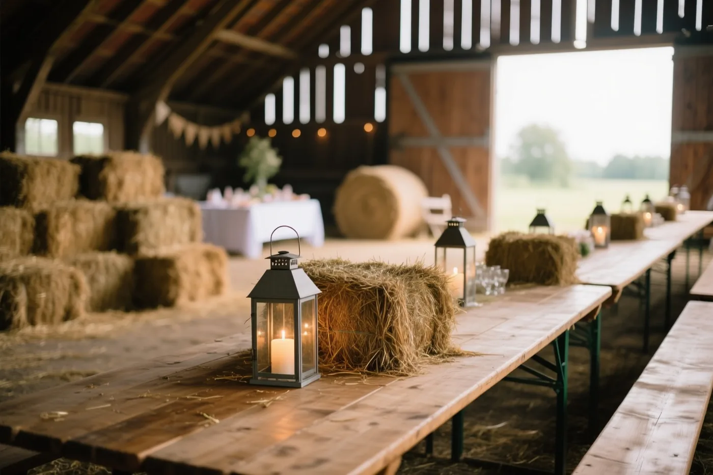 In een rustieke schuur staan lange houten tafels, hooibalen en brandende lantaarns in warm goudkleurig licht.
