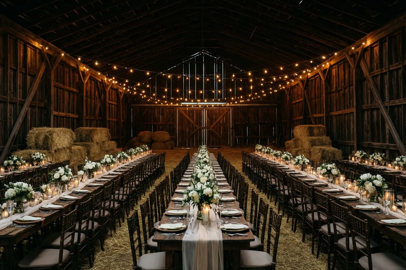 Een schuur is ingericht voor een huwelijksfeest met lange houten tafels, stoelen, hooibalen en witte bloemen onder lichtslingers.