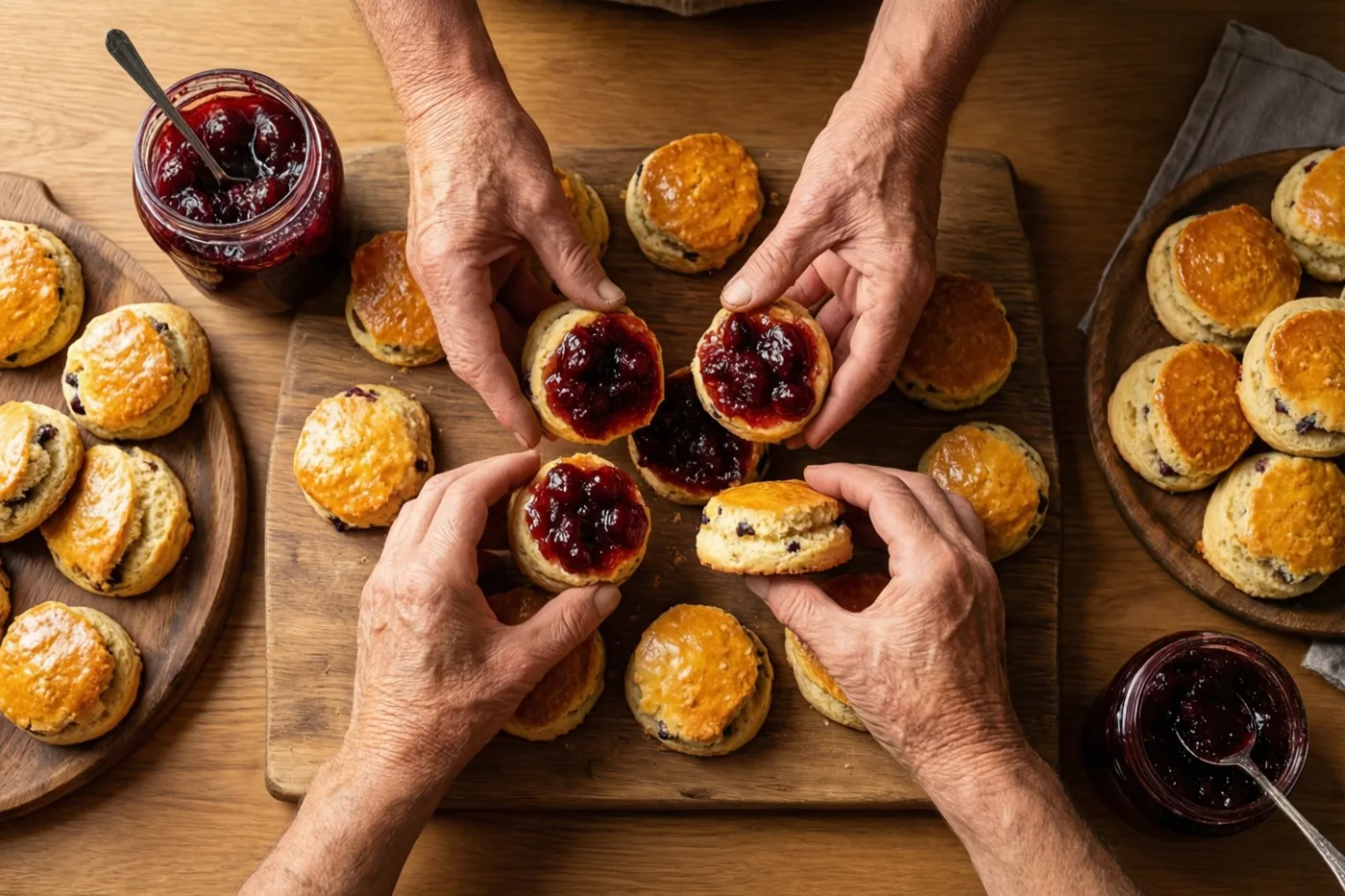 Verweerde handen smeren zelfgemaakte pruimenconfituur op goudbruine scones aan een houten keukentafel.