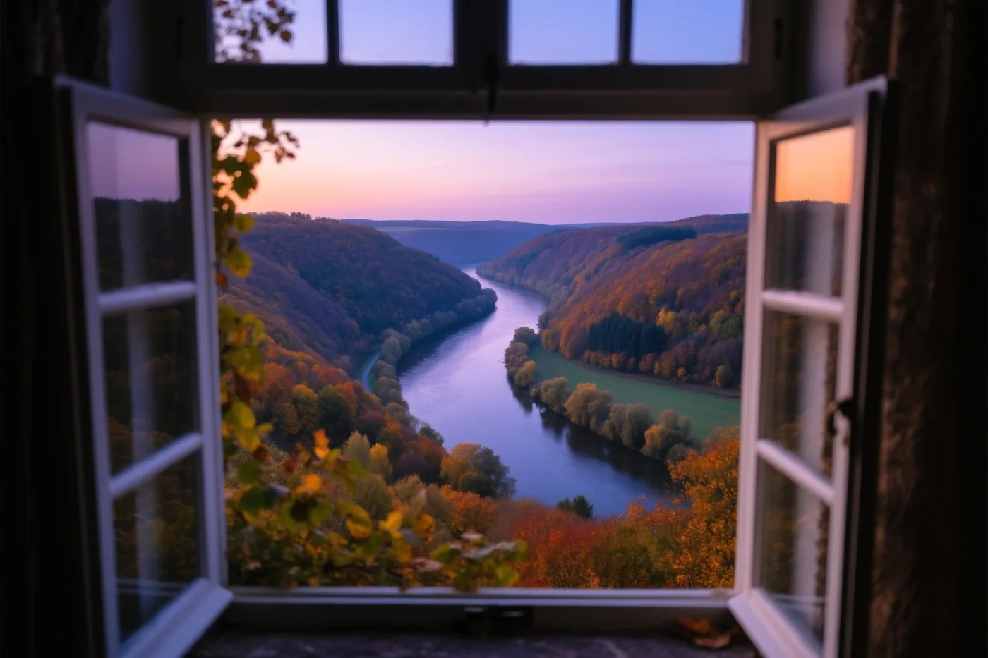 Door een open raam is de Semois te zien, die bij zonsondergang tussen beboste heuvels met herfstkleuren kronkelt.