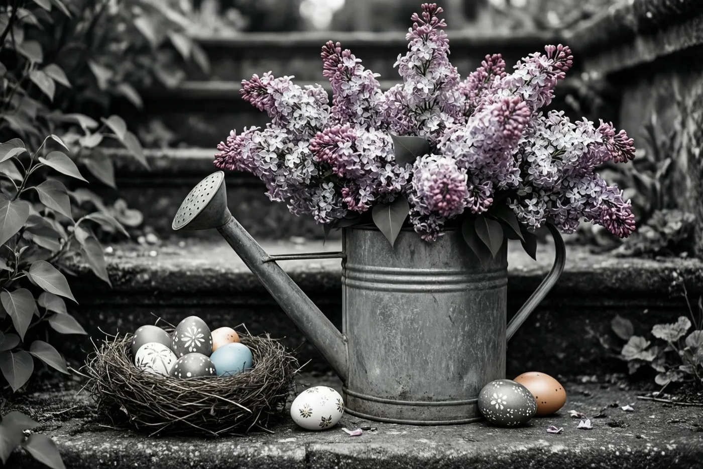 Een oude metalen gieter met seringen staat op stenen tuintrappen naast een nestje beschilderde paaseieren, waarbij de bloemen en eieren zachte pastelkleuren hebben tegen een zwart-witte achtergrond.
