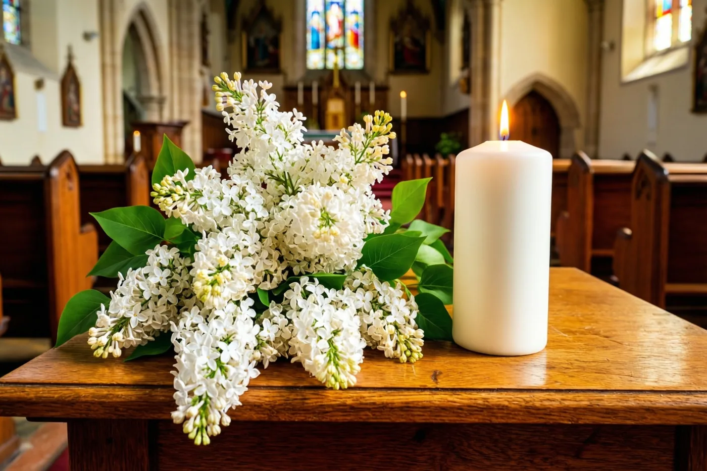 Een boeket witte seringen en een brandende witte kaars staan op een houten tafel in een kerk, verlicht door daglicht uit glas-in-loodramen.