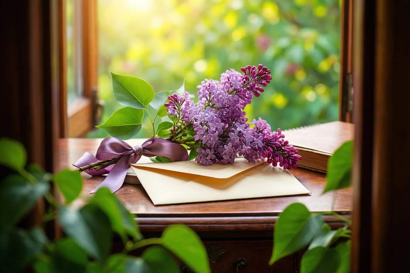 Een takje paarse seringen met een bijpassend zijden lint ligt op een crèmekleurige envelop op een houten schrijftafel, bij een raam met een wazig zicht op een groene tuin.