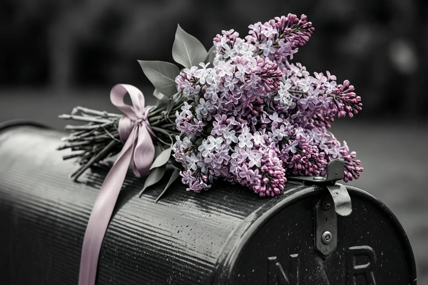 Een boeket seringen met een lichtpaars lint ligt op een zwarte metalen brievenbus, met de bloemen en het lint in kleur tegen een monochrome achtergrond.