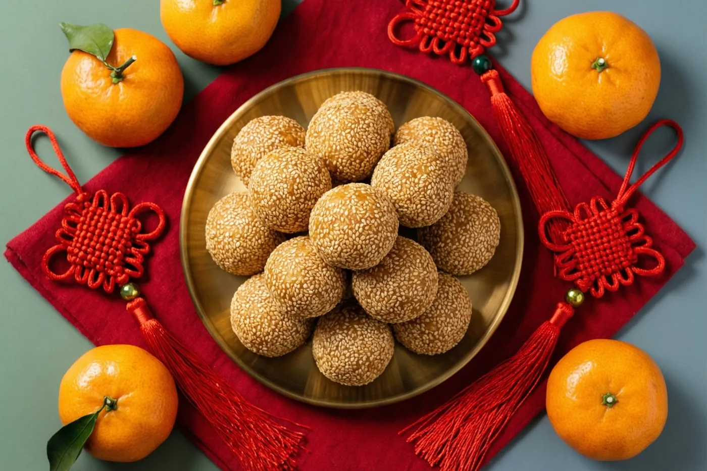 Een goudkleurig bord vol sesamballetjes staat op een rode doek, omringd door mandarijnen en rode Chinese sierknopen.