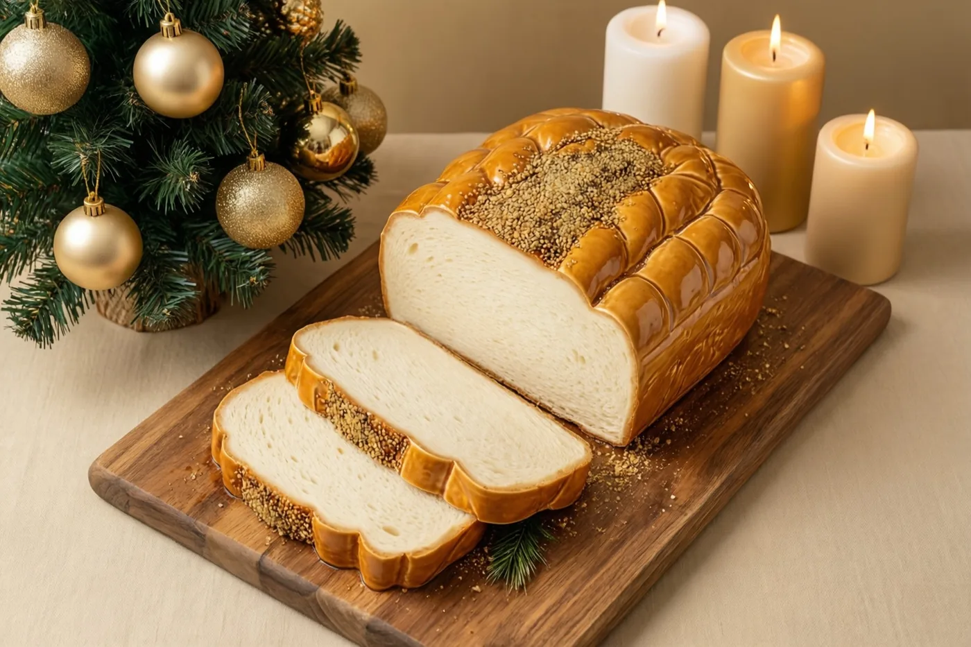 Een aangesneden brood met een goudkleurige korst en sesamzaad ligt op een houten snijplank naast een klein kerstboompje met gouden versieringen en drie brandende kaarsen tegen een beige achtergrond.