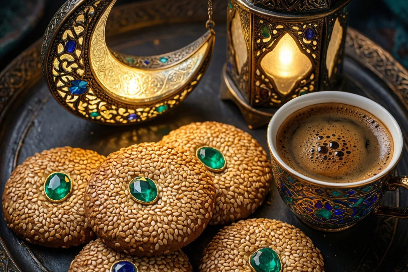 Sesamkoekjes met groene edelstenen en een kopje Arabische koffie staan op een sierlijk dienblad naast een brandende maansikkellantaarn.