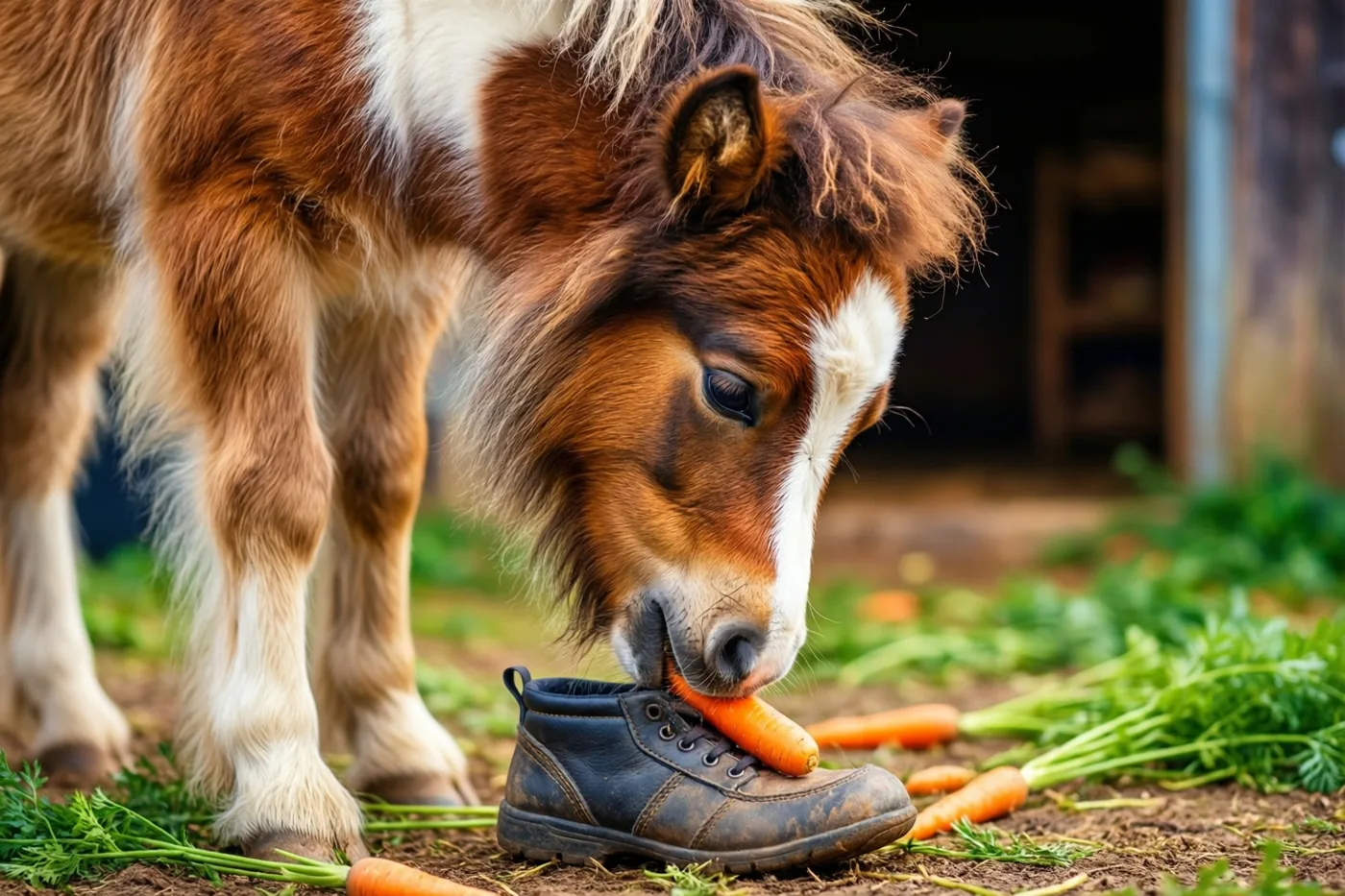 Een pluizig bruin-wit shetlandveulen snuffelt aan een wortel in een modderige zwarte kinderlaars op een boerderijdrempel van aarde, met wortels en groen loof eromheen.
