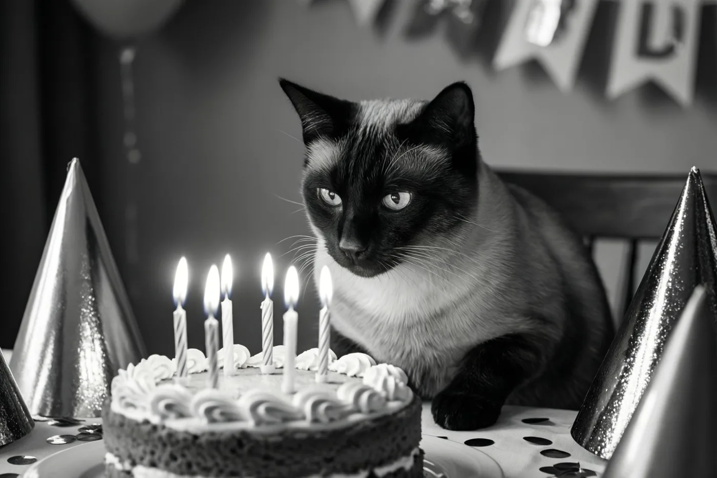 Een Siamese kat kijkt aandachtig naar een verjaardagstaart met brandende kaarsjes op een tafel met papieren feesthoedjes en confetti, vastgelegd in zwart-wit.