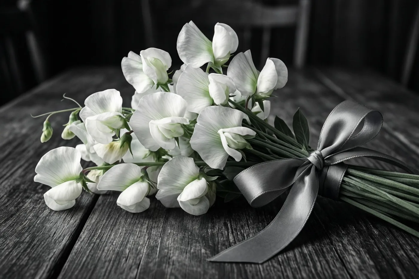 Een boeket witte siererwten met een grijs zijden lint ligt op een donkere houten tafel, in een vrijwel monochroom beeld met subtiele kleuraccenten in de bloemharten en het lint.