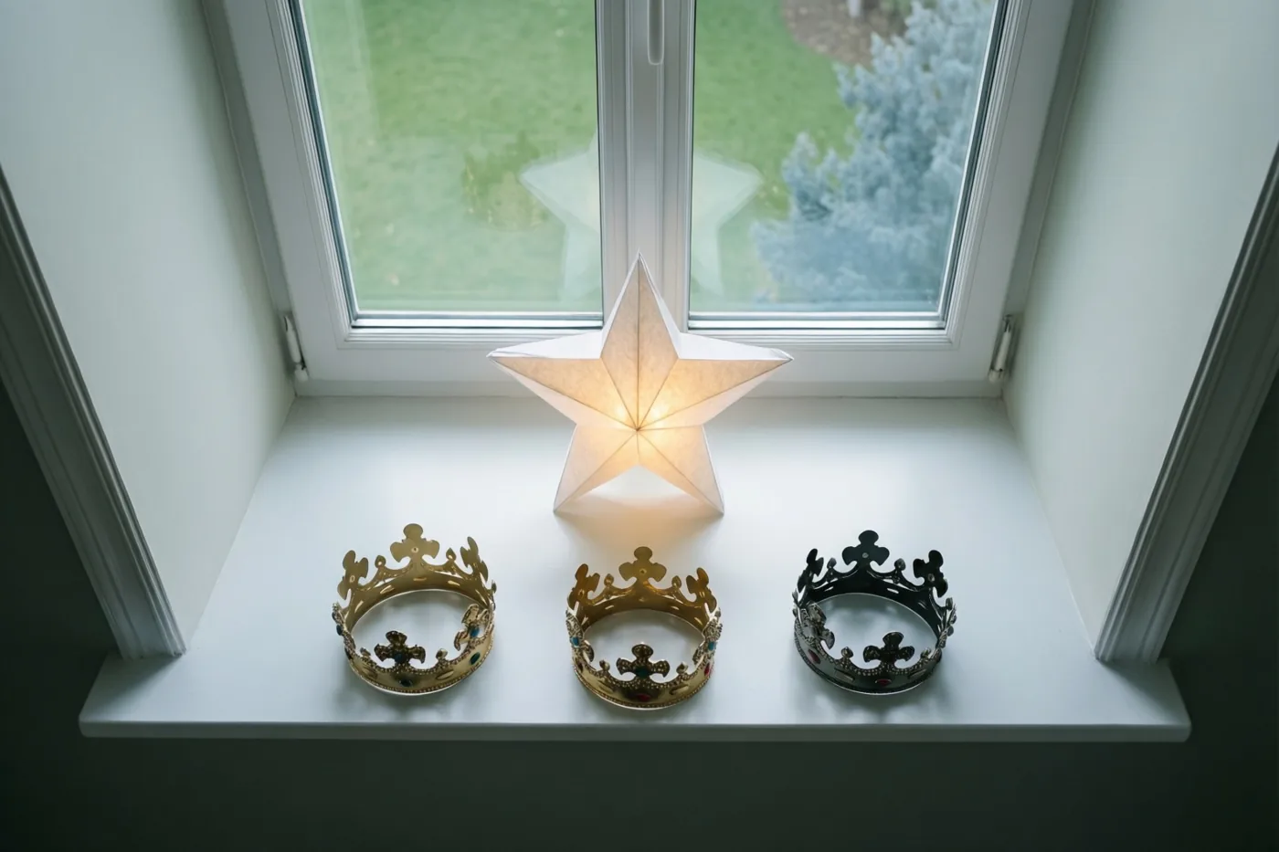 Drie sierkronen en een lichtgevende papieren ster staan op een witte vensterbank in een lichte, sobere witte kamer met uitzicht op groen, in witte, gouden en zilveren tinten.