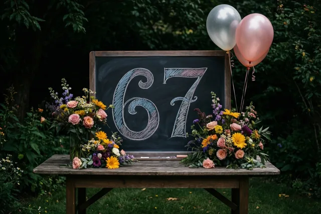Een krijtbord met het getal 67 in sierlijke krijtletters staat tussen kleurrijke bloemstukken en twee ballonnen op een houten tafel in een weelderige groene tuin.