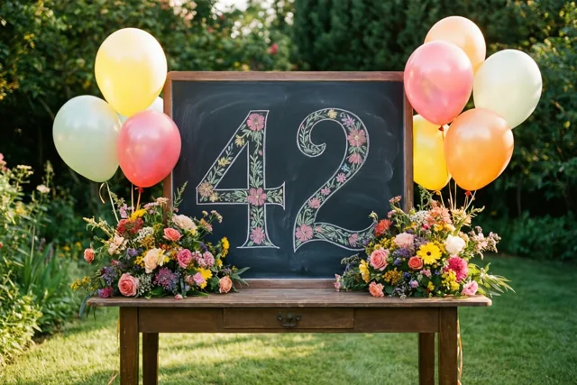 Een krijtbord met 42 in sierlijke cijfers met bloemmotieven staat op een houten tuintafel tussen kleurrijke ballonnen en bloemstukken in een zonnige groene tuin.