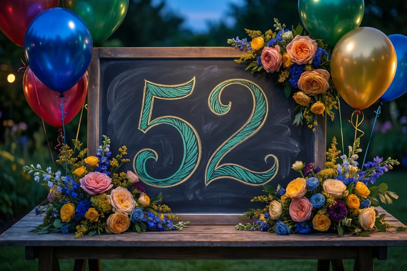 Een krijtbord met het getal 52 in sierlijke groene en gouden letters staat op een houten tafel tussen bloemen en ballonnen in een tuin bij schemering.