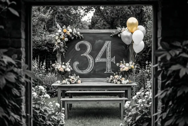 Een krijtbord met het sierlijk geschreven getal 34 staat buiten op een houten tafel tussen bloemstukken en ballonnen, omringd door bladeren.