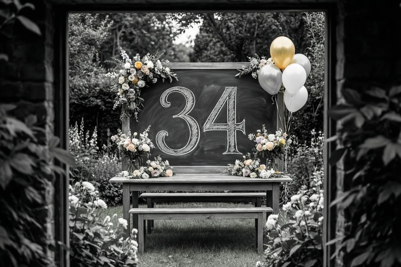 Een krijtbord met het sierlijk geschreven getal 34 staat buiten op een houten tafel tussen bloemstukken en ballonnen, omringd door bladeren.