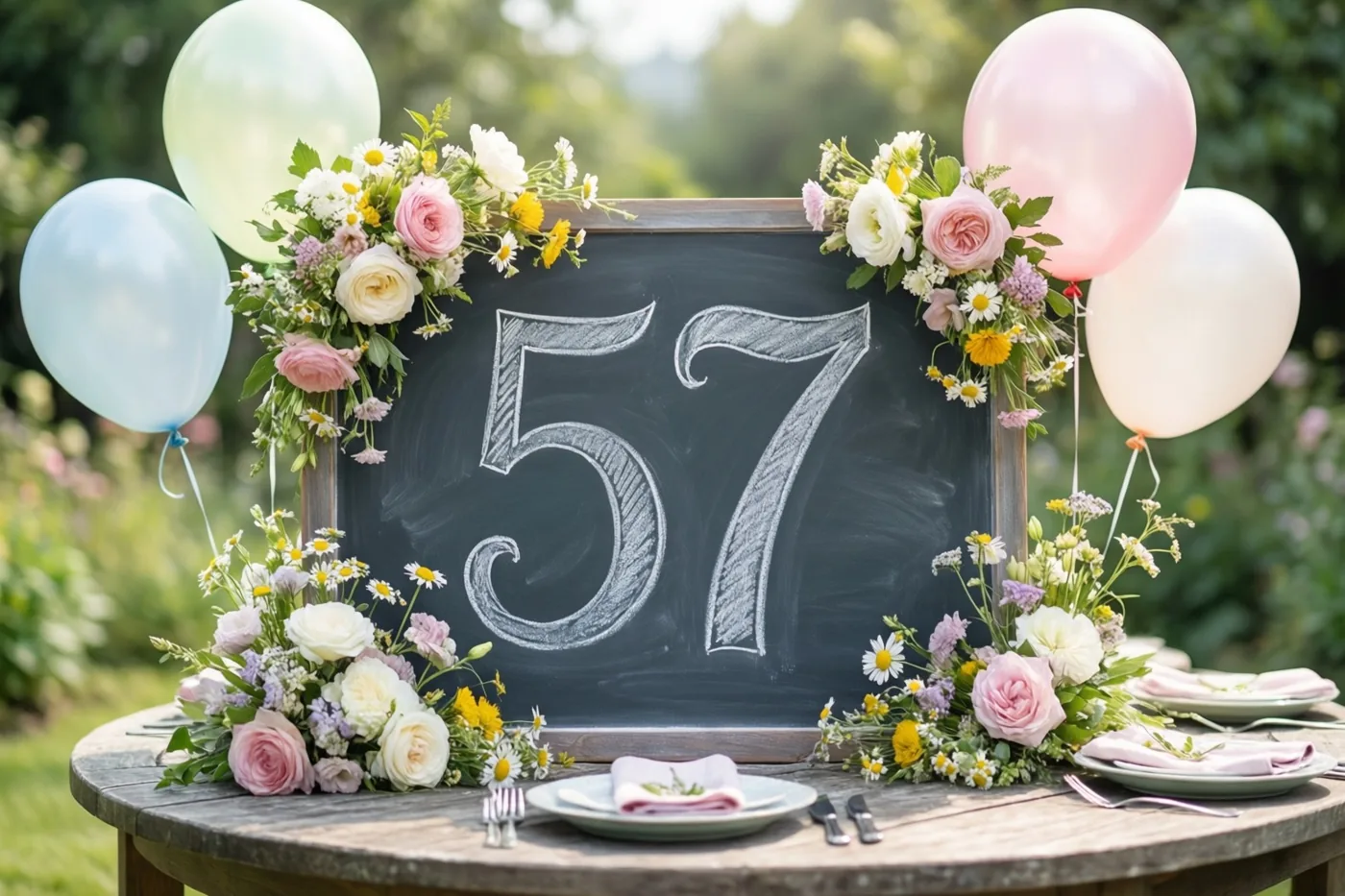 Een krijtbord met sierlijk geschreven 57 staat op een houten tuintafel, omringd door pastelkleurige bloemen en ballonnen in een zonnige tuin.