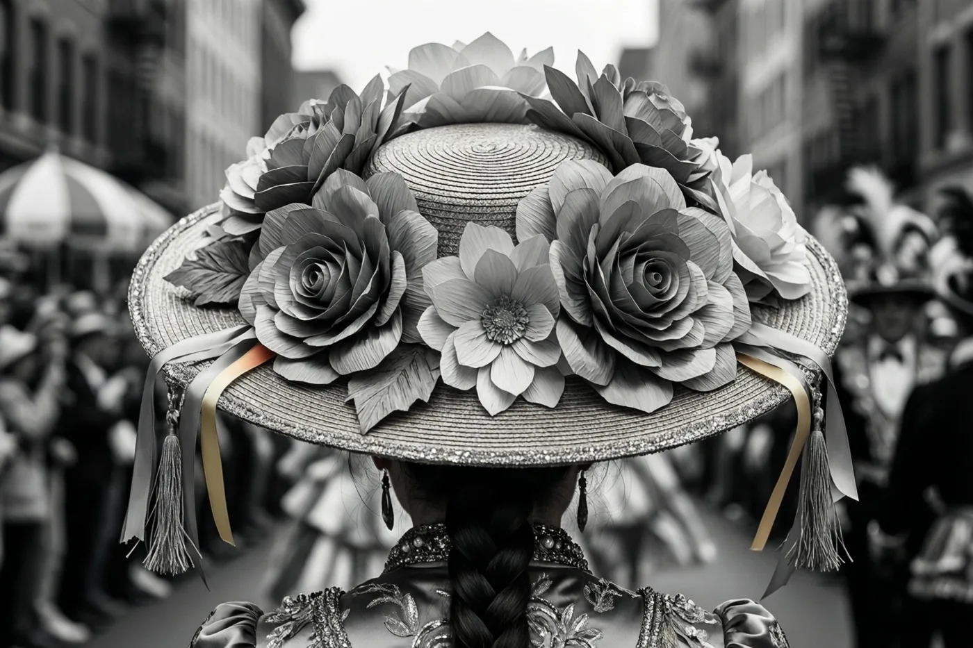 Een zwart-witbeeld toont een persoon van achteren met een sierlijke carnavalshoed vol grote papieren bloemen en linten, voor een onscherpe stoet in de stad.