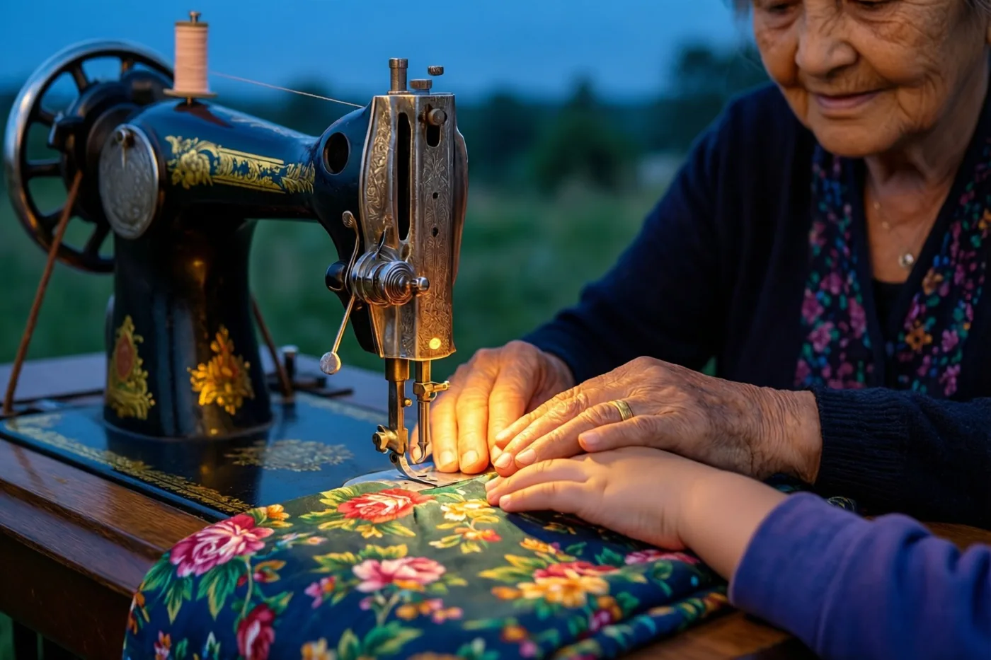 Een oudere vrouw begeleidt met haar gerimpelde handen de handen van een kind over bloemenstof op een sierlijke zwarte naaimachine, buiten in de schemering met een zachtblauwe lucht en groen op de achtergrond.