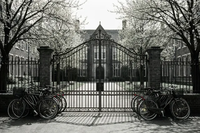Een zwart-witfoto toont een sierlijke metalen schoolpoort met fietsen aan weerszijden van een verhard pad, bloeiende bomen en een bakstenen gebouw achter de poort.