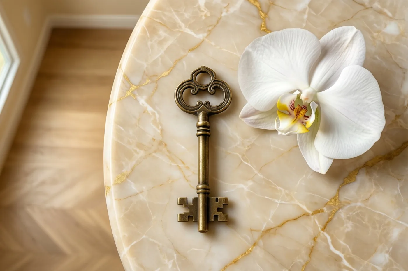 Een sierlijke messing sleutel ligt op een beige marmeren tafel met gouden aders naast een witte orchidee met een geel en paars hart, in een lichte kamer met een licht houten vloer.