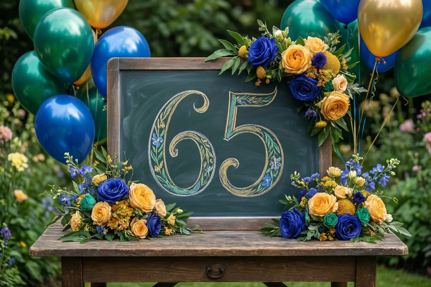 Een krijtbord met een sierlijk geschreven 65 staat op een houten tuintafel tussen bloemstukken en kleurrijke ballonnen, met weelderig groen op de achtergrond.