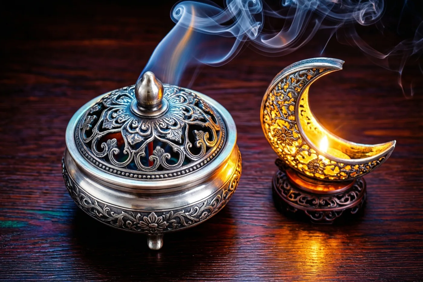 Een zilveren wierookbrander met fijn filigraanwerk en opstijgende rook staat naast een lichtgevende maanlantaarn op een donker houten oppervlak, in warm licht.