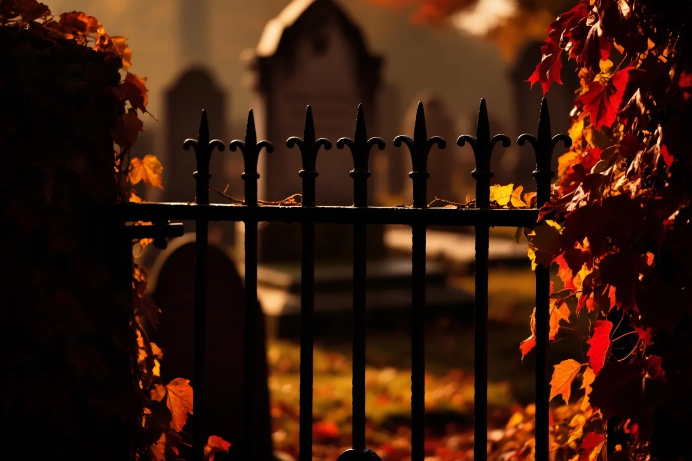 Een ijzeren poort met lelievormige punten staat aan een oud kerkhof, omgeven door rode en oranje klimop in gouden licht.