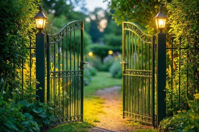 Een sierlijke metalen tuinpoort staat open voor een onverhard pad naar een weelderige groene tuin in warm goudkleurig licht.