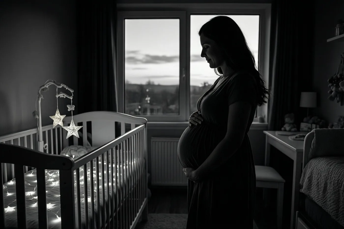 Een zwangere vrouw staat in silhouet met een hand op haar buik en kijkt naar een babybedje met brandende stervormige nachtlampjes, bij zacht raamlicht in de schemering.