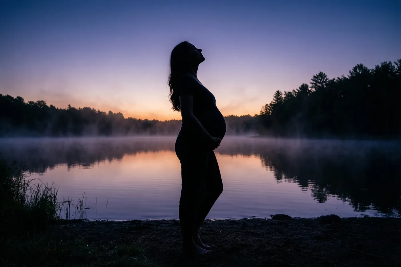 Een zwangere vrouw staat als silhouet met haar hoofd omhoog aan een kalm meer bij dageraad, met mist boven het water en een weerspiegeling van de diepblauwe tot zachtoranje lucht.