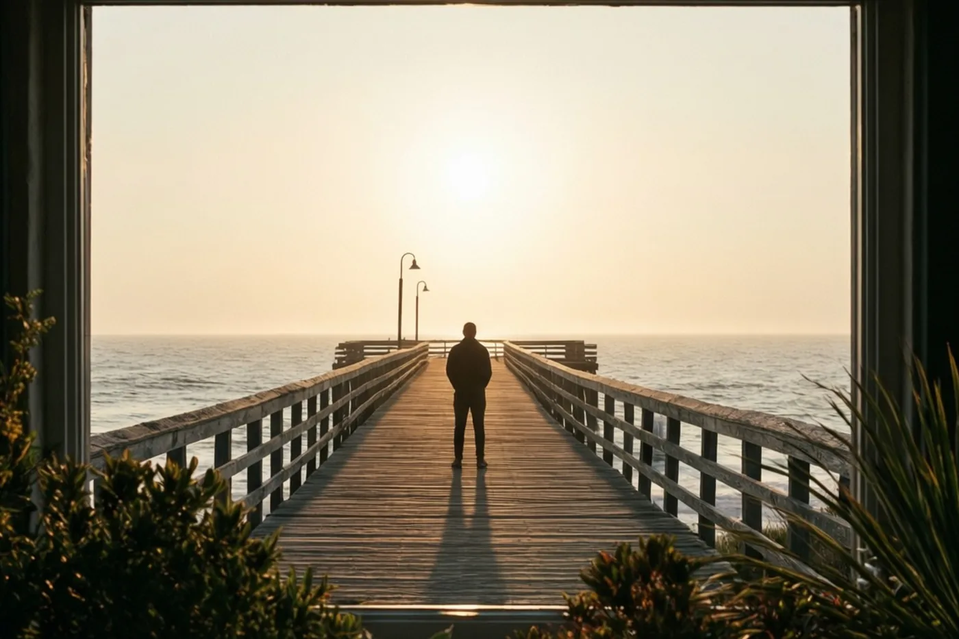 Een persoon staat alleen als silhouet op een lange houten pier voor de opkomende zon, gezien door een donkere opening met bladeren op de voorgrond.