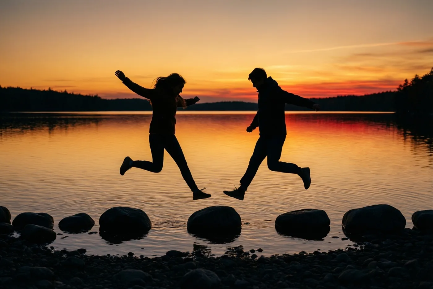 Twee mensen zijn als silhouetten te zien terwijl ze over stenen in een rustig meer springen, met oranje en rode avondkleuren in de lucht en het water.