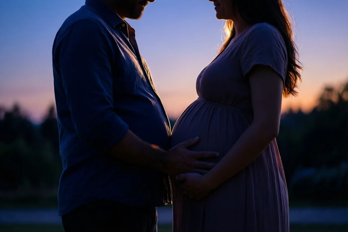 Een man en een zwangere vrouw staan als silhouetten bij zonsondergang en raken allebei hun buik aan tegen een blauw-oranje hemel.
