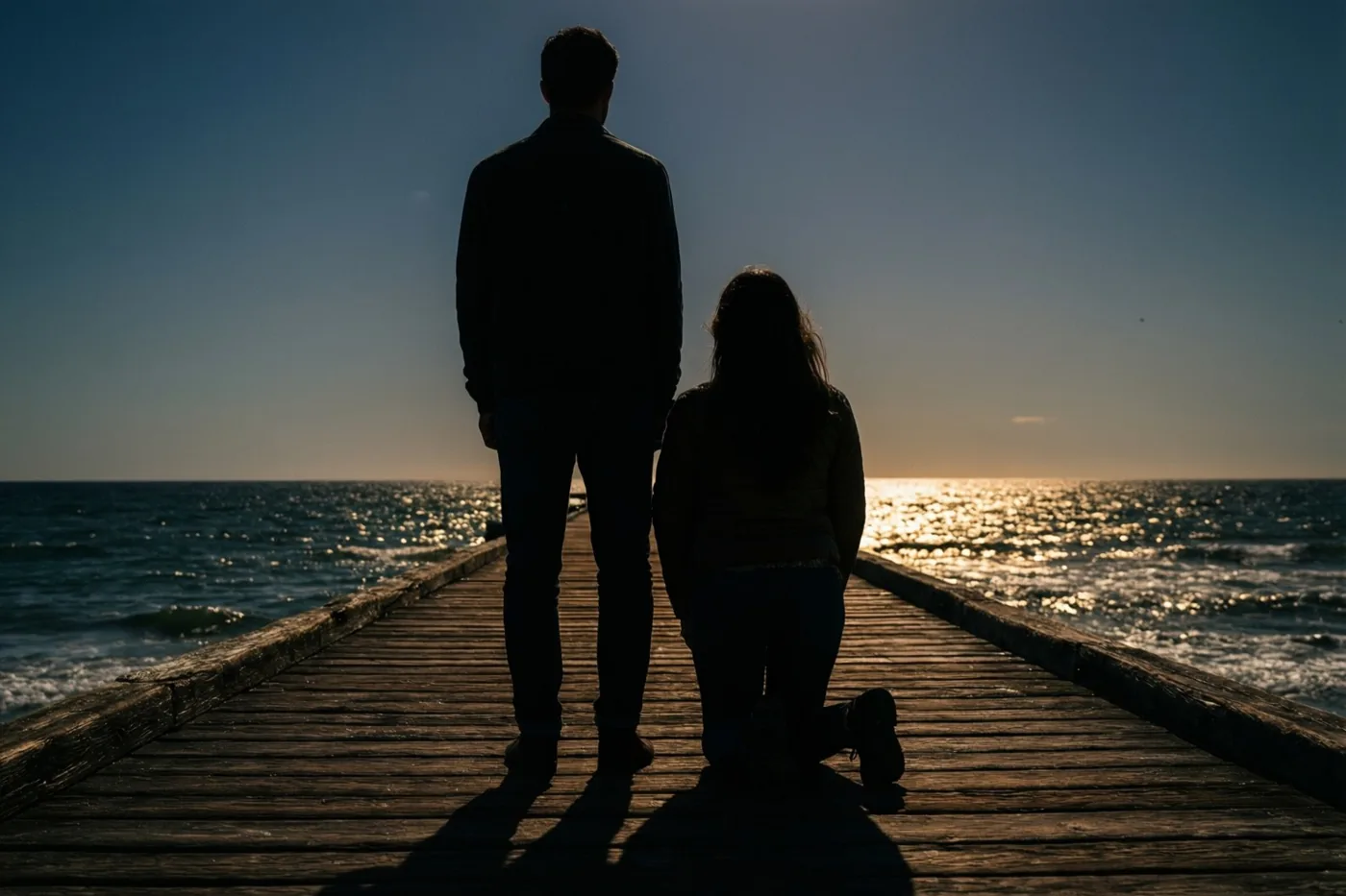 Twee silhouetten zijn van achteren te zien op een houten pier, één staand en één knielend, met diepblauw water en gouden weerspiegelingen van de ondergaande zon.
