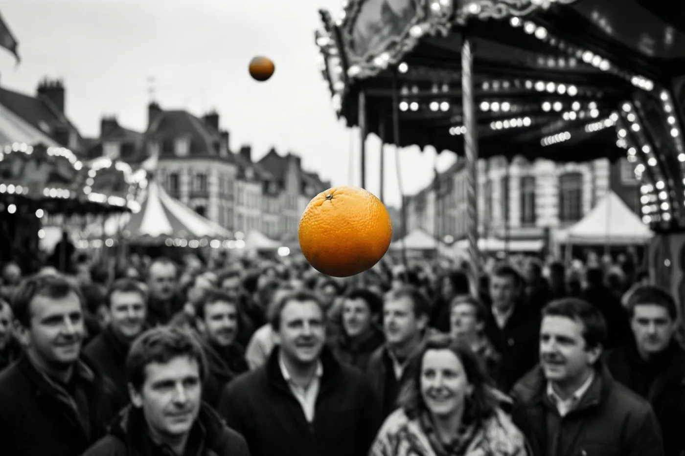 Een feloranje sinaasappel hangt boven een onscherpe carnavalsmenigte, met een draaimolen en feestlichtjes in een verder zwart-witte omgeving.