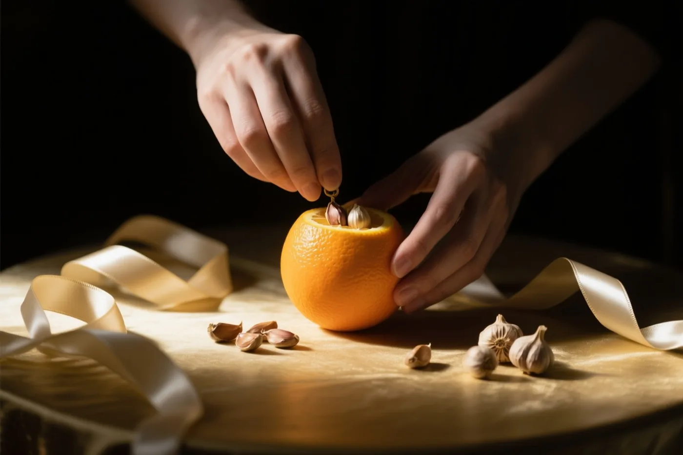 Twee handen drukken knoflookteentjes in een halve sinaasappel op een goudkleurig tafelkleed met crèmekleurige linten, verlicht door warm licht tegen een donkere achtergrond.