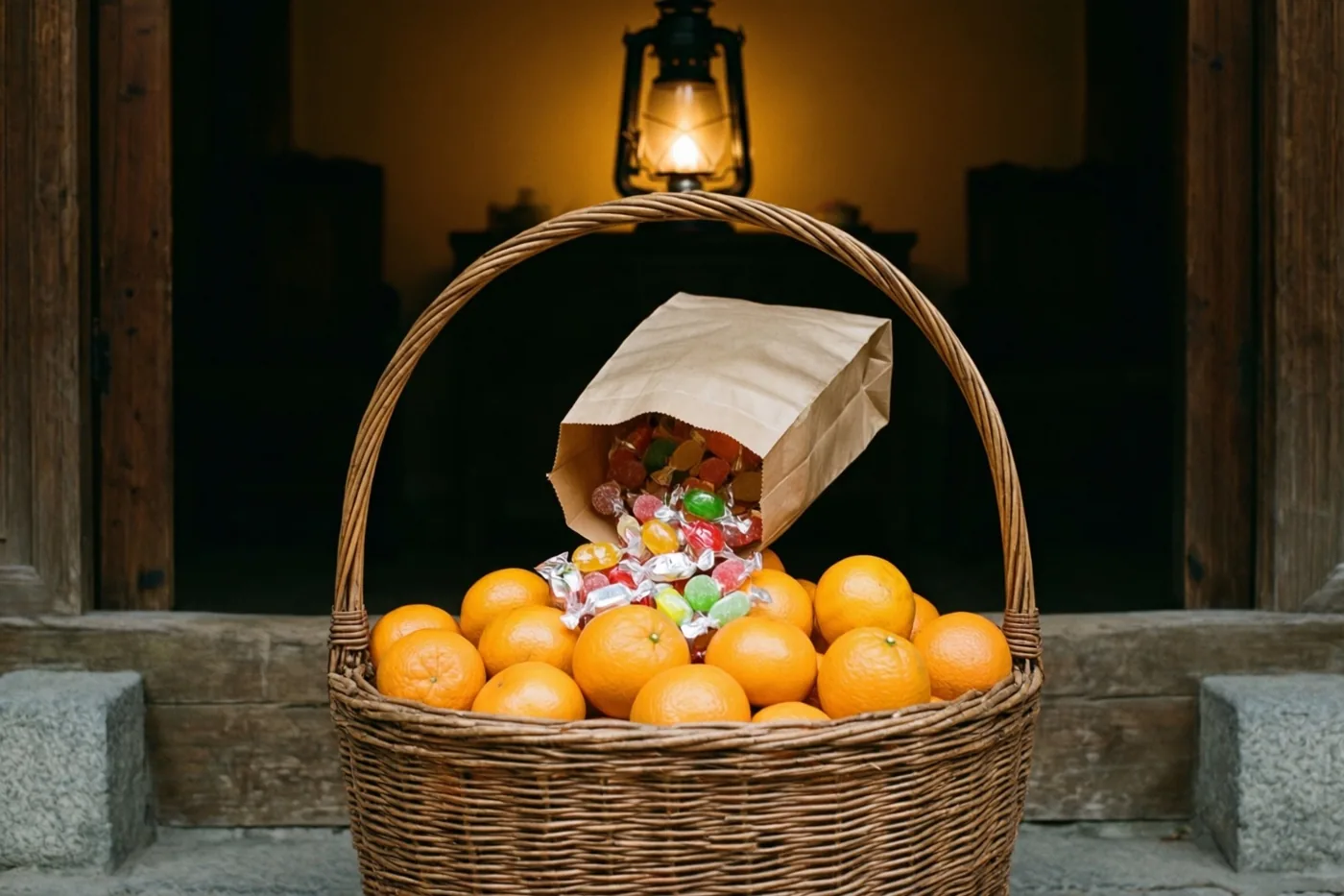 Een rieten mand met sinaasappels en een papieren zak met kleurrijke snoepjes staan op stenen treden voor een houten deur, verlicht door een lantaarn erboven.