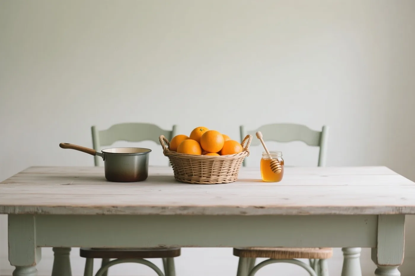 Een rieten mand met sinaasappels en een pot honing met een honinglepel staan op een lichte tafel, met twee stoelen en een effen lichte muur erachter.