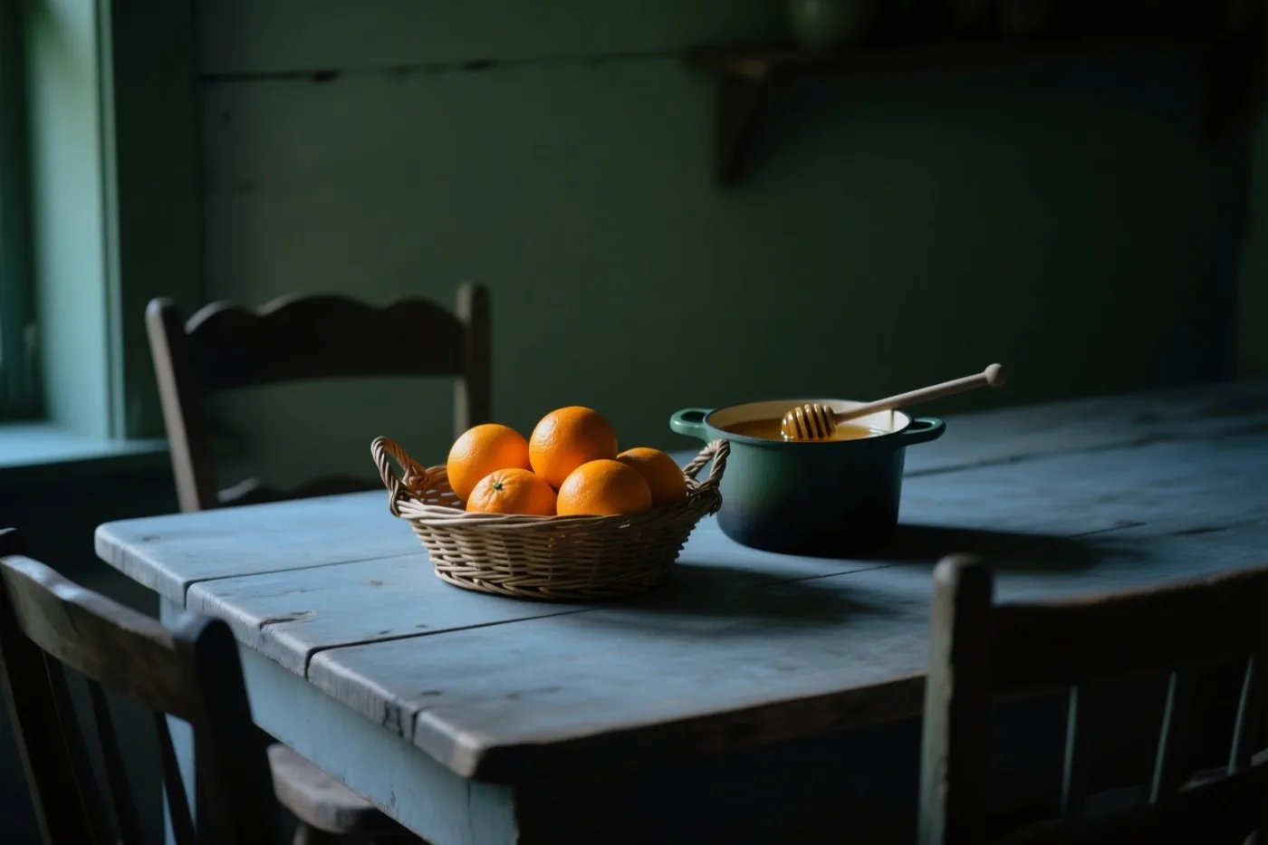 Een rieten mand met sinaasappels en een groene emaille pot met honing en een honinglepel staan op een verweerde blauwe tafel, met donkere houten stoelen erachter.