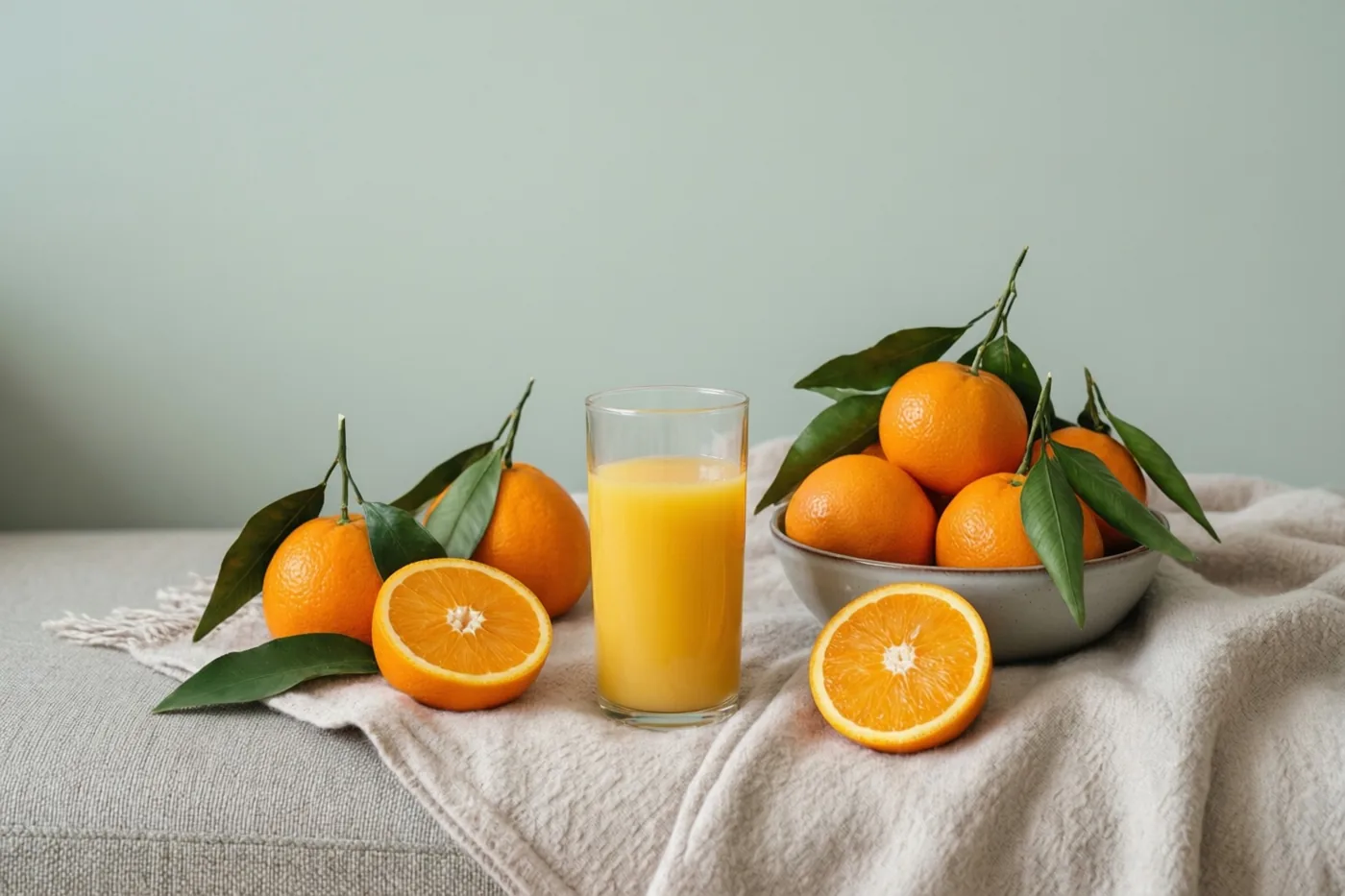 Een glas versgeperst sinaasappelsap staat naast een kom mandarijnen en gehalveerde sinaasappels op een beige deken over een zetel, voor een gedempt groene muur.
