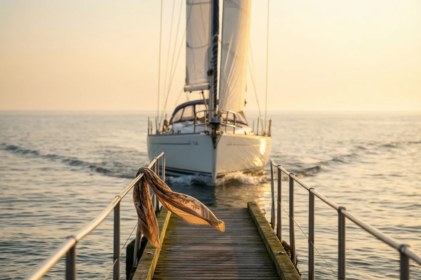 Een zeilboot vertrekt bij dageraad vanaf een houten steiger op een kalme zee, terwijl een sjaal met motief aan de reling wappert in het gouden licht.
